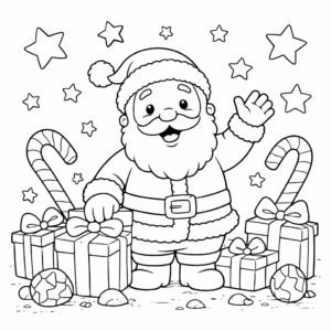 Santa and gifts festive colouring page