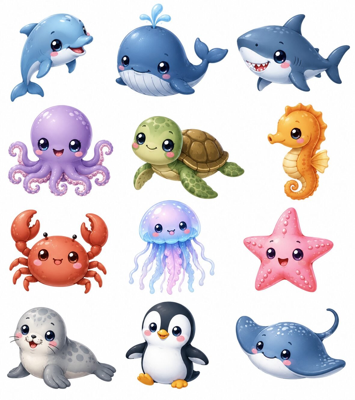 Kawaii Ocean Friends Clipart Set Preview