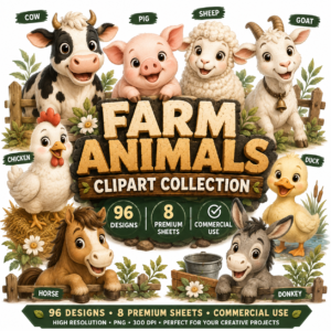Farm Animals Clipart Collection – 96 Designs, 8 Premium Clipart Sheets