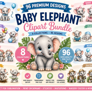 Baby Elephant Clipart Bundle – 96 Designs – 8 Premium Sheets