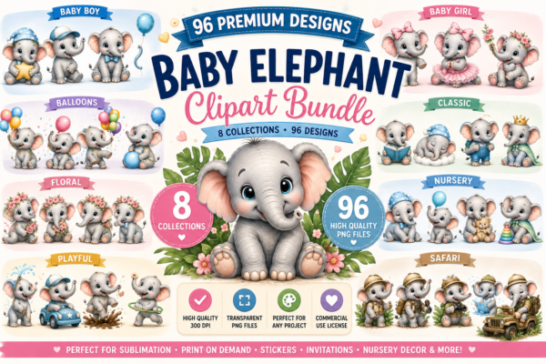 Baby Elephant Clipart Bundle