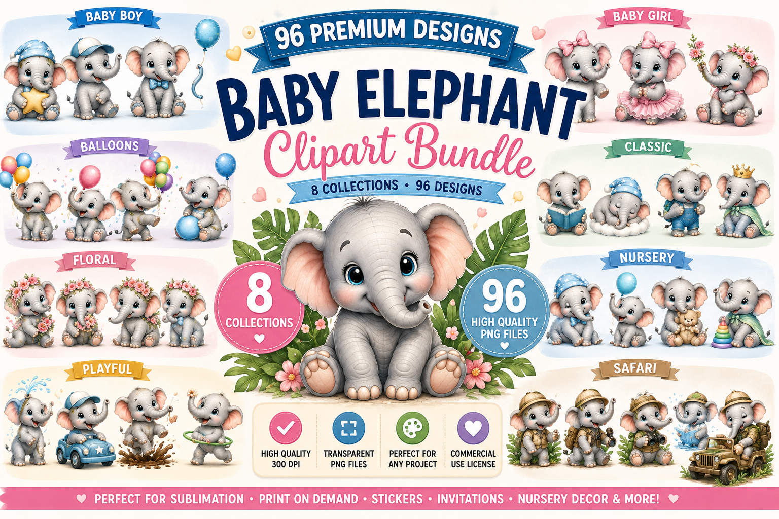Baby Elephant Clipart Bundle