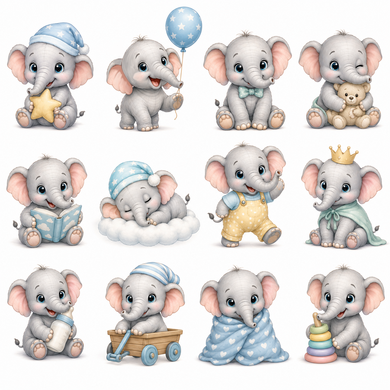 Baby Elephant Clipart Bundle – 96 Designs - 8 Premium Sheets - Image 7